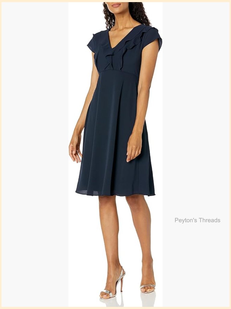 Double Ruffle V-Neck Fit And Flare Midi Dress With Short Sleeves